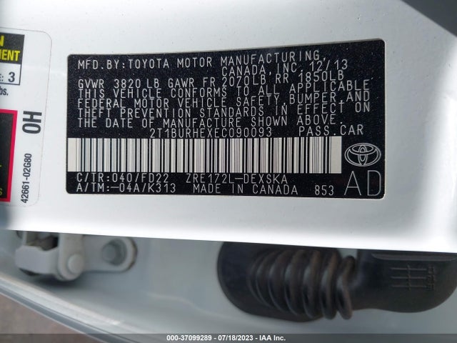 Toyota Corolla L/le/s/s Plus/le Plus 2014 2T1BURHEXEC090093 Image 9