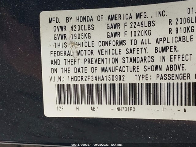 Honda Accord Sedan Lx 2017 1HGCR2F34HA150992 Image 9
