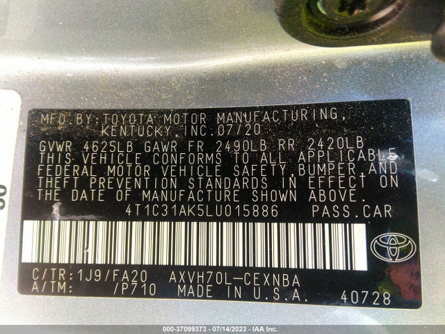 Toyota Camry Hybrid Le 2020 4T1C31AK5LU015886 Image 9