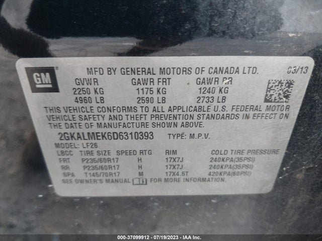 2013 GMC TERRAIN SLE VIN: 2GKALMEK6D6310393