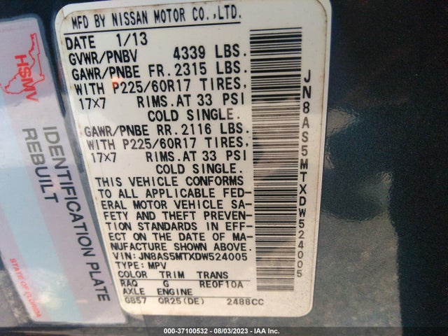 2013 NISSAN ROGUE SV VIN: JN8AS5MTXDW524005