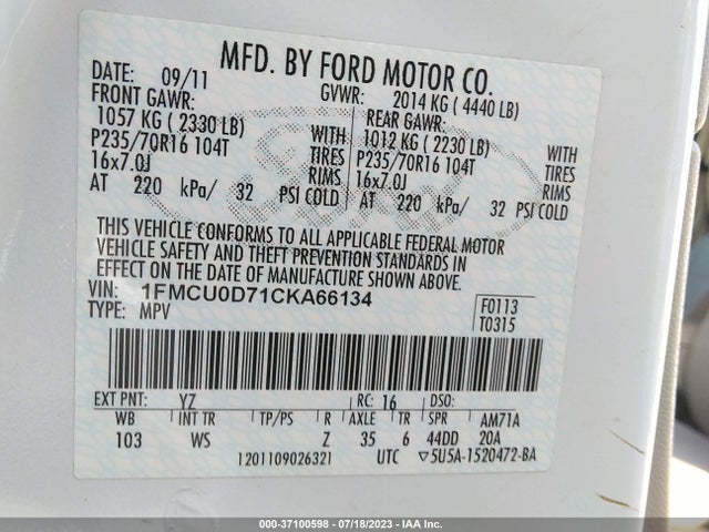 2012 FORD ESCAPE XLT VIN: 1FMCU0D71CKA66134