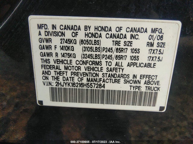 2006 HONDA RIDGELINE RT VIN: 2HJYK16216H557284