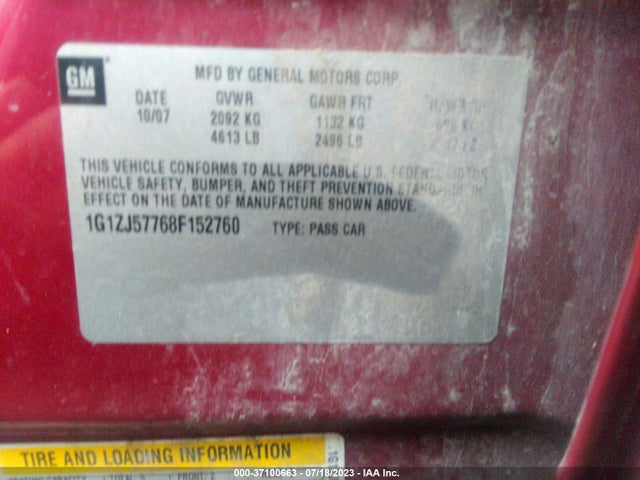 2008 CHEVROLET MALIBU LT W/2LT VIN: 1G1ZJ57768F152760