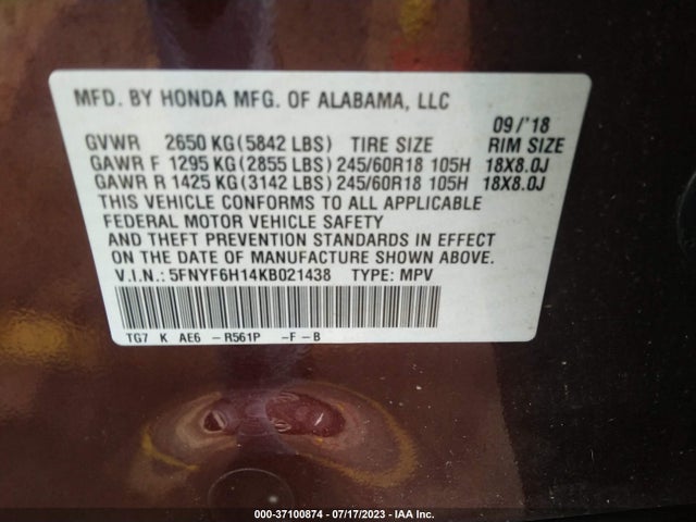 Honda PILOT LX 2019 5FNYF6H14KB021438 Image 9