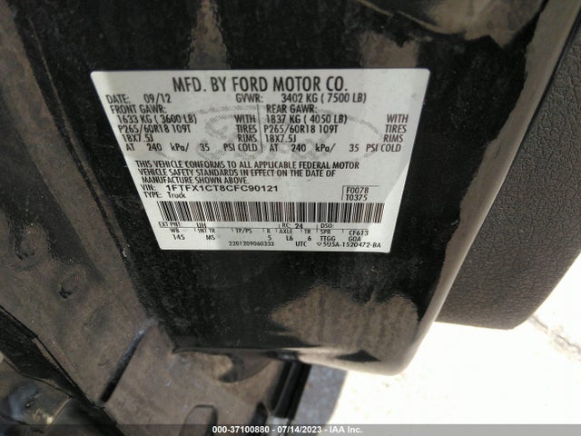 2012 FORD F-150 XL/XLT/FX2/LARIAT VIN: 1FTFX1CT8CFC90121