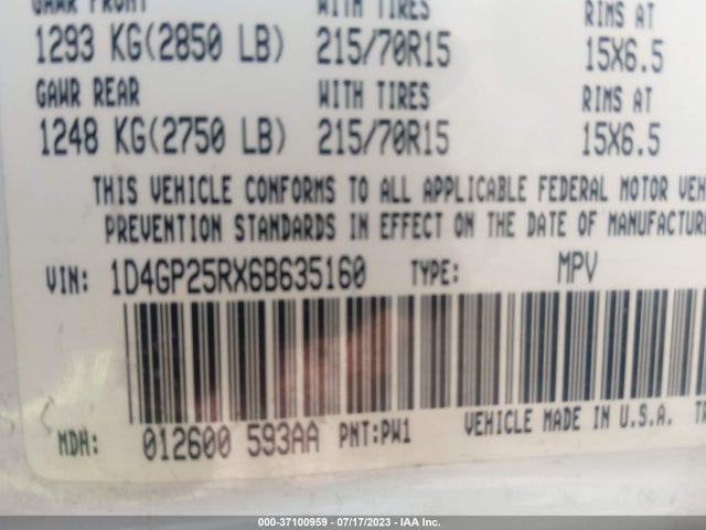 2006 DODGE CARAVAN SE VIN: 1D4GP25RX6B635160