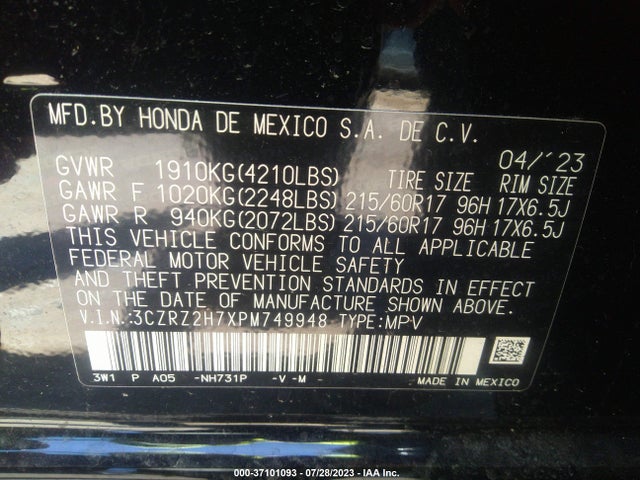 2023 HONDA HR-V EX-L VIN: 3CZRZ2H7XPM749948