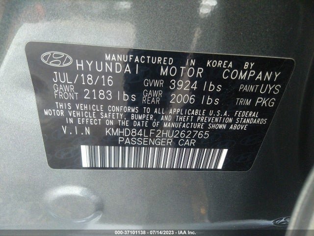 2017 HYUNDAI ELANTRA LIMITED VIN: KMHD84LF2HU262765