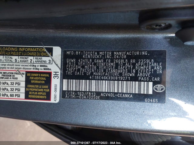 2009 TOYOTA CAMRY VIN: 4T1BE46KX9U819271