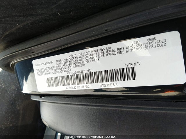 2009 SUBARU OUTBACK VIN: 4S4BP60C596312645