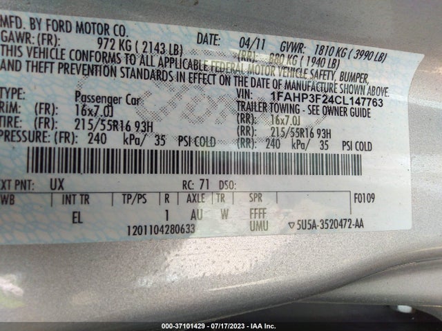 2012 FORD FOCUS SE VIN: 1FAHP3F24CL147763