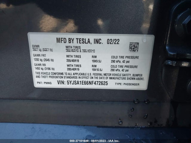 Tesla Model S Plaid 2022 5YJSA1E66NF472625 Image 9