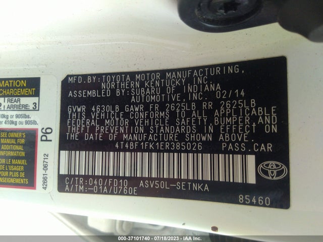 2014 TOYOTA CAMRY L/LE/XLE/SE/SE SPORT VIN: 4T4BF1FK1ER385026