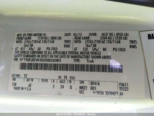 2013 FORD ECONOLINE CARGO VAN COMMERCIAL/RECREATIONAL VIN: 1FTNE2EW3DDB02083