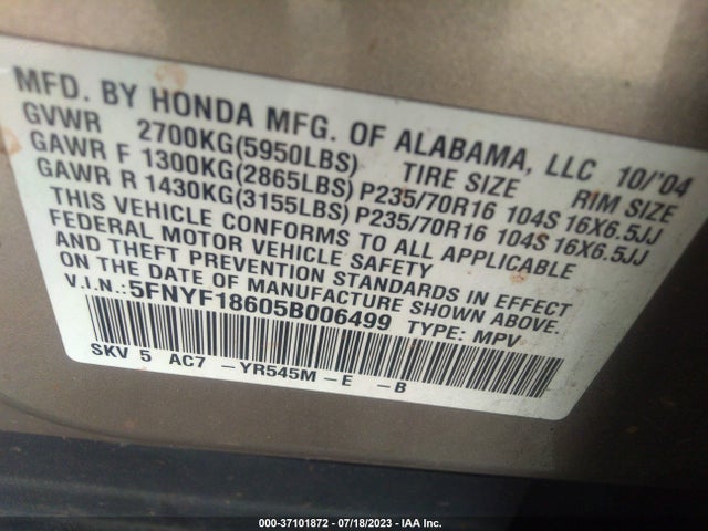 2005 HONDA PILOT EX-L WITH RES VIN: 5FNYF18605B006499