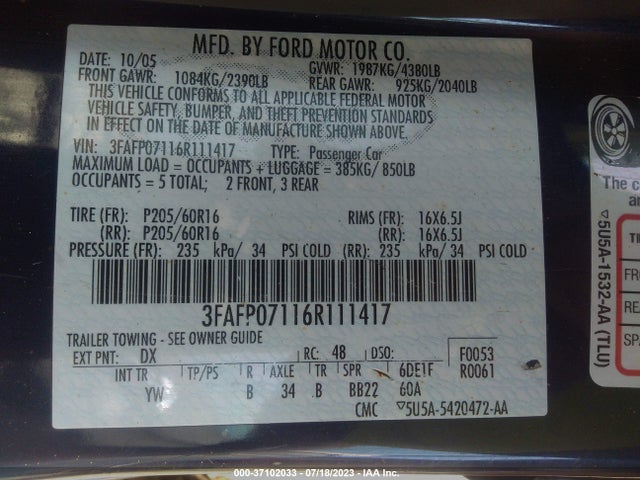2006 FORD FUSION SE VIN: 3FAFP07116R111417