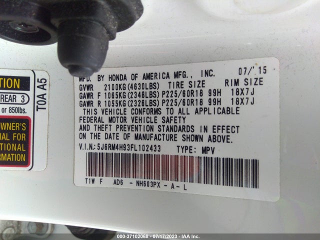 Honda Cr-v Touring 2015 5J6RM4H93FL102433 Image 9