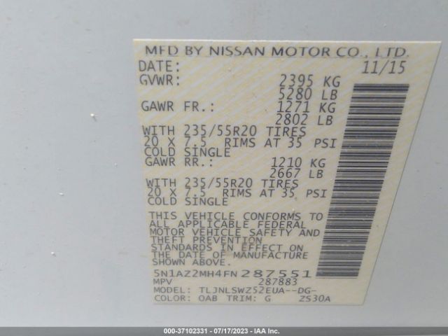 5N1AZ2MH4FN287551 Nissan Murano Platinum