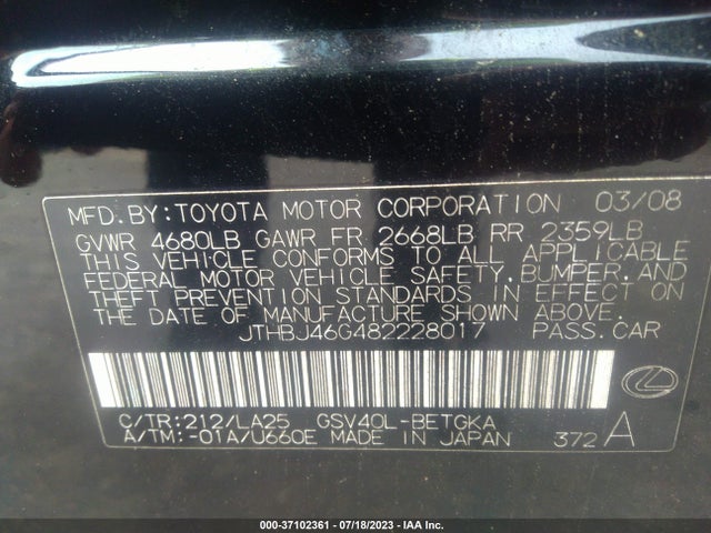 2008 LEXUS ES 350 VIN: JTHBJ46G482228017