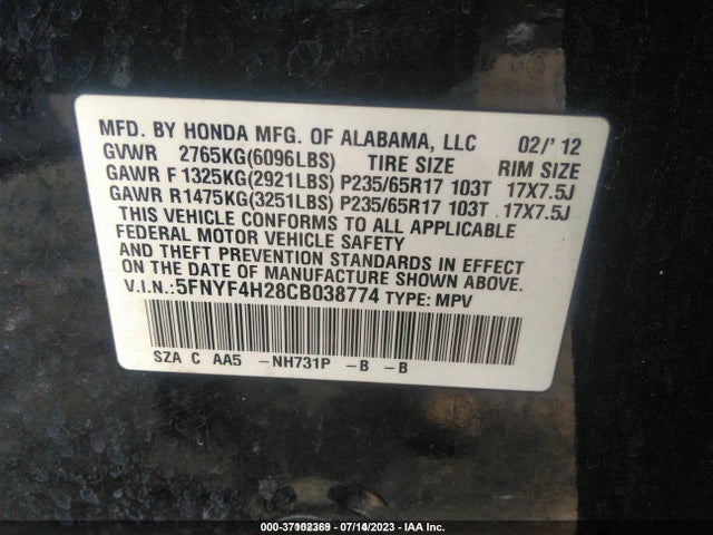 2012 HONDA PILOT LX VIN: 5FNYF4H28CB038774