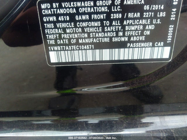 1VWBT7A37EC104571 Volkswagen Passat Se W/sunroof