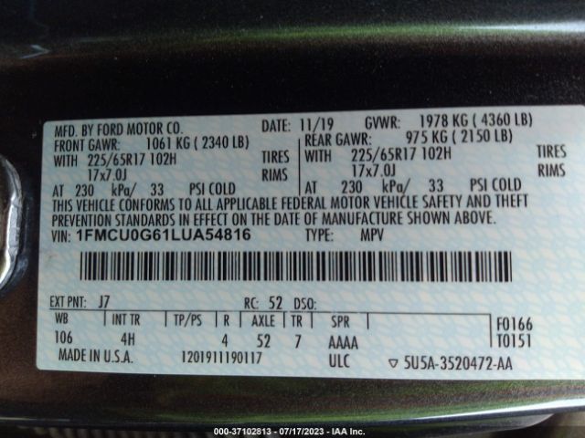 1FMCU0G61LUA54816 Ford ESCAPE SE