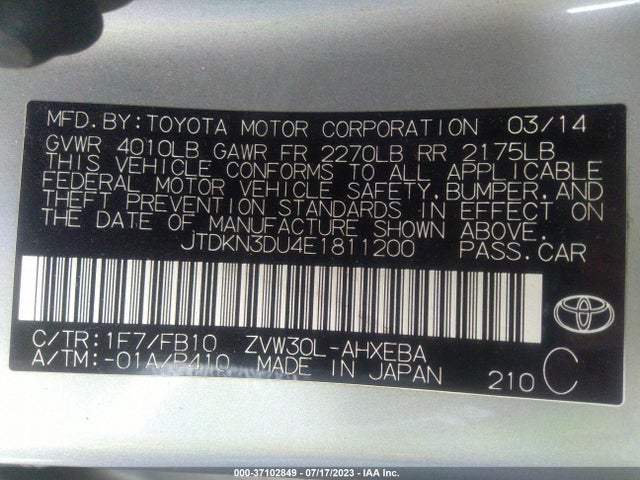 Toyota Prius Four/five/three/one/two 2014 JTDKN3DU4E1811200 Image 9