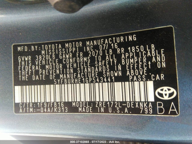 Toyota Corolla L/le/s/s Plus/le Plus 2016 5YFBURHE1GP543441 Image 16