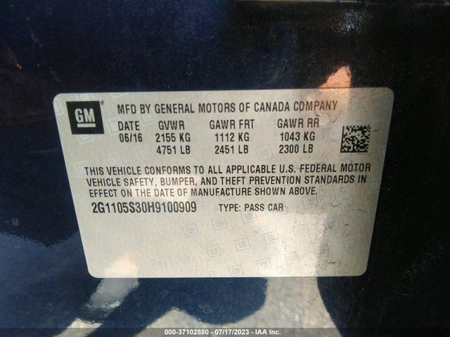 Chevrolet IMPALA LT 2017 2G1105S30H9100909 Image 9