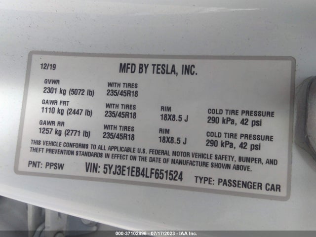 Tesla Model 3 Long Range 2020 5YJ3E1EB4LF651524 Image 15