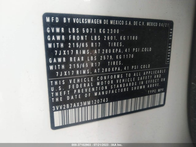3VV2B7AX3MM120743 Volkswagen Tiguan Se/se R-line Black/sel