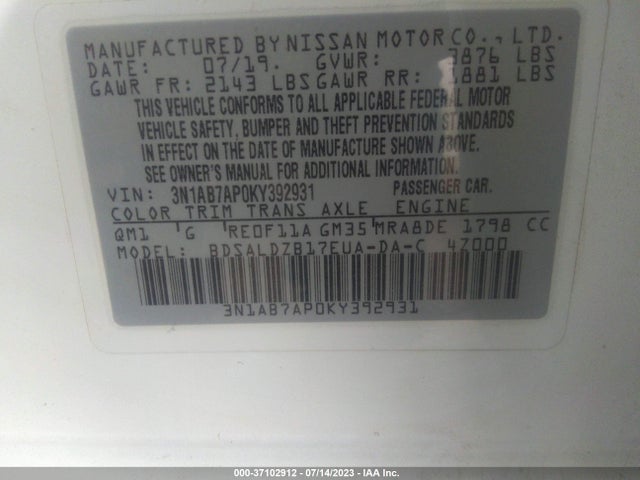 Nissan SENTRA SV 2019 3N1AB7AP0KY392931 Image 9