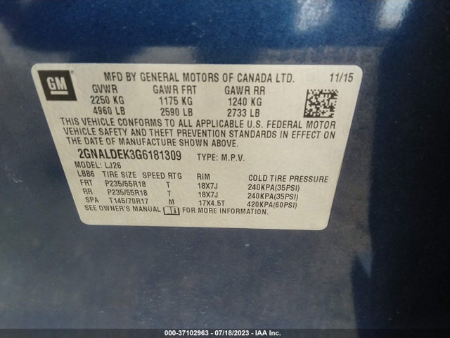 2016 CHEVROLET EQUINOX LTZ VIN: 2GNALDEK3G6181309