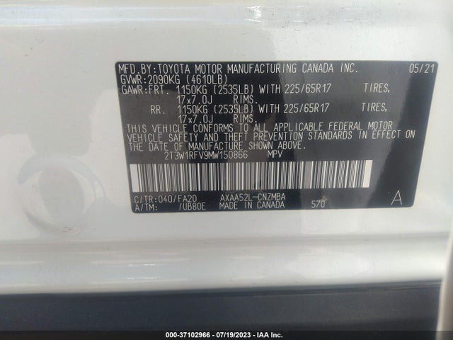 2021 TOYOTA RAV4 XLE VIN: 2T3W1RFV9MW150866