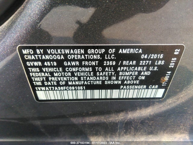 1VWAT7A36FC091051 Volkswagen Passat 1.8t Wolfsburg Ed