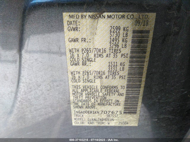 Nissan Frontier Sv 2019 1N6AD0ER1KN707675 Image 9