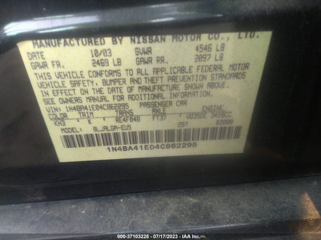 2004 NISSAN MAXIMA SL VIN: 1N4BA41E04C862295