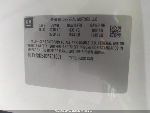 2013 CHEVROLET CORVETTE 427 1SA VIN: 1G1Y83DE4D5701001