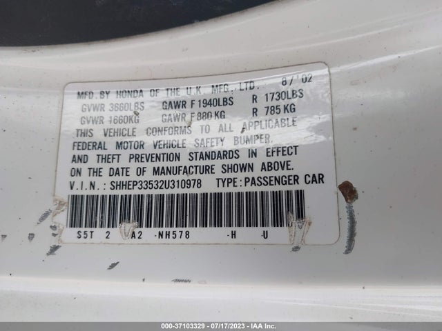2002 HONDA CIVIC SI VIN: SHHEP33532U310978