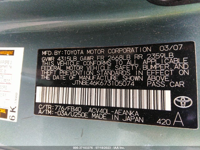 2007 TOYOTA CAMRY CE/LE/SE/XLE VIN: JTNBE46K673105074