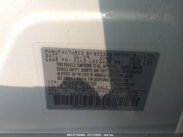 Nissan SENTRA SV 2019 3N1AB7AP0KY367530 Image 15