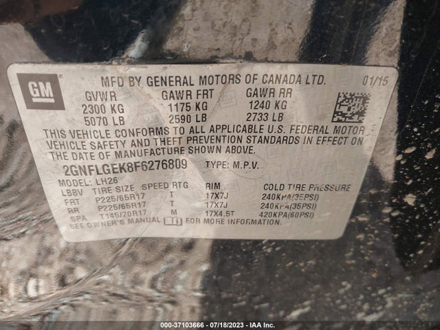 Chevrolet EQUINOX LT 2015 2GNFLGEK8F6276809 Image 9