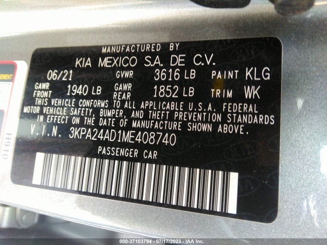 2021 KIA RIO S VIN: 3KPA24AD1ME408740