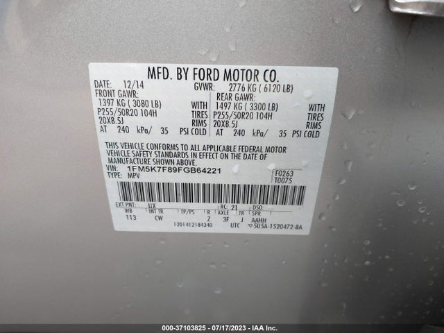 Ford Explorer Limited 2015 1FM5K7F89FGB64221 Image 9