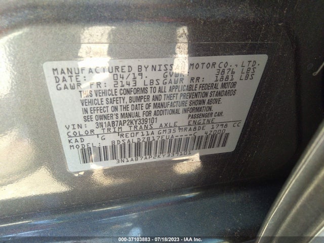 2019 NISSAN SENTRA SV VIN: 3N1AB7AP2KY339101