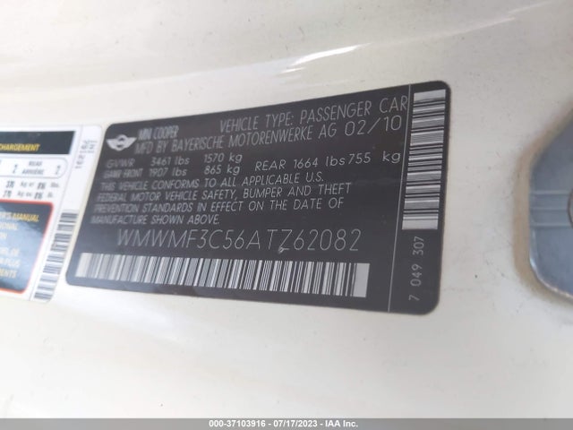 2010 MINI COOPER HARDTOP VIN: WMWMF3C56ATZ62082