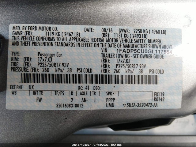 2016 FORD C-MAX ENERGI SEL VIN: 1FADP5CU0GL117584