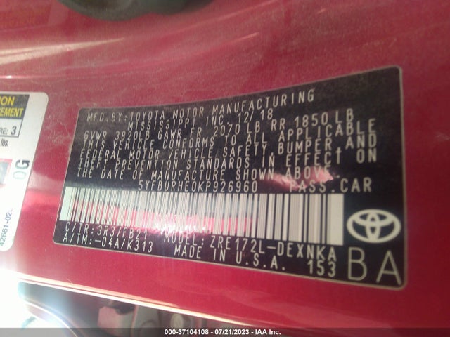 Toyota Corolla L/le/se/xle/xse 2019 5YFBURHE0KP926960 Image 15