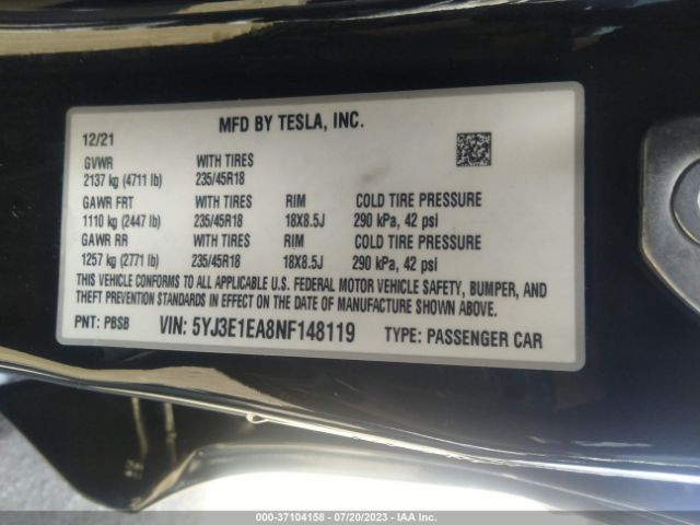 5YJ3E1EA8NF148119 Tesla MODEL 3